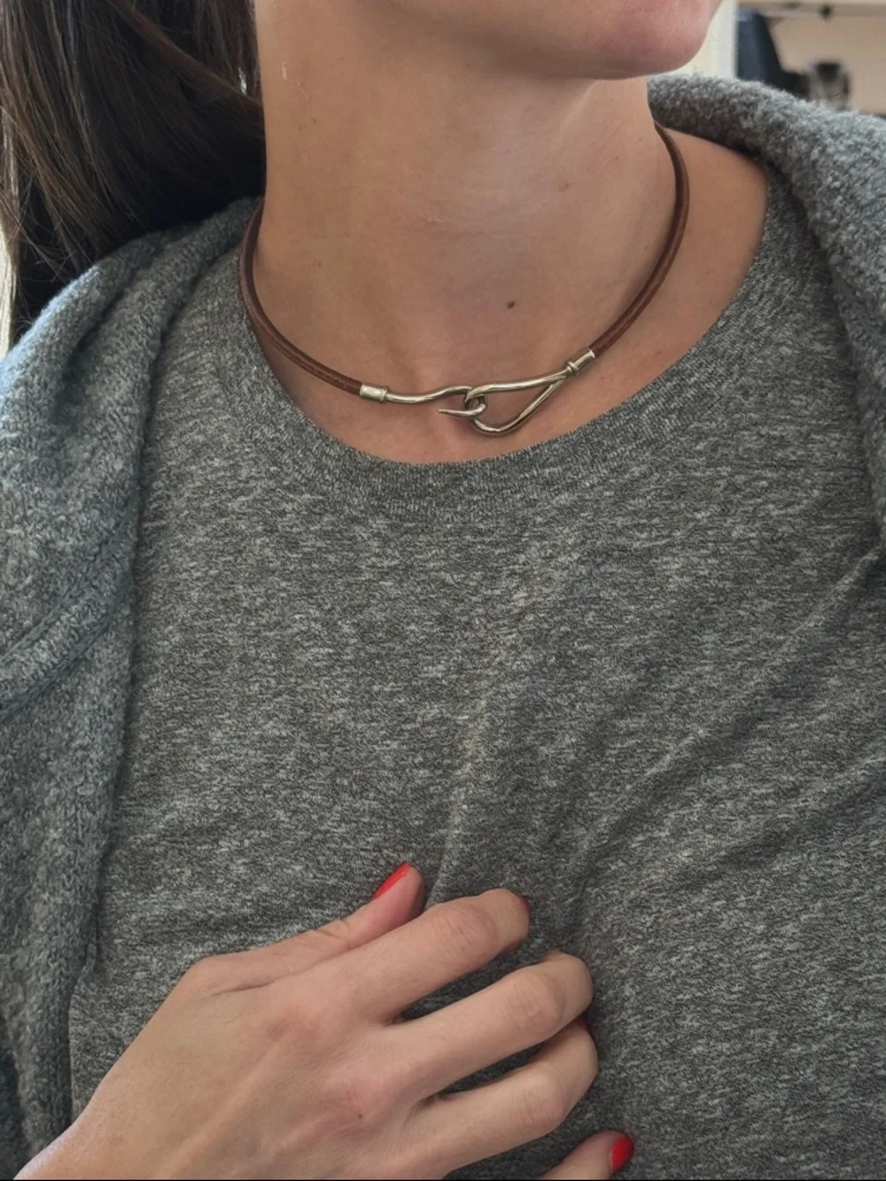 Hermes Orange Box with Brown Leather Double Wrap Bracelet or choker Silver Hook